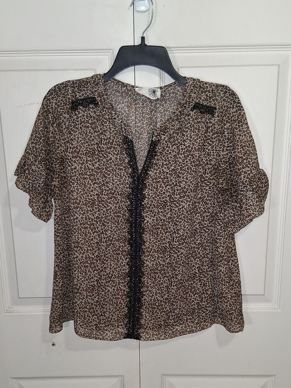 Anthropologie Everleigh Leopard Print Short Sleeve Blouse - Black Lace Trim- S